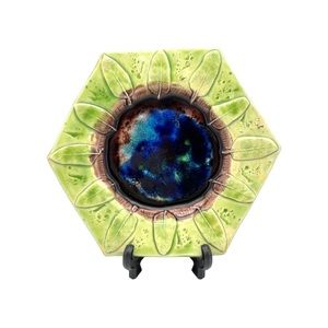 Studio Pottery Sage Leaves Hexagon Majolica  Decorative Plate Green & Blue